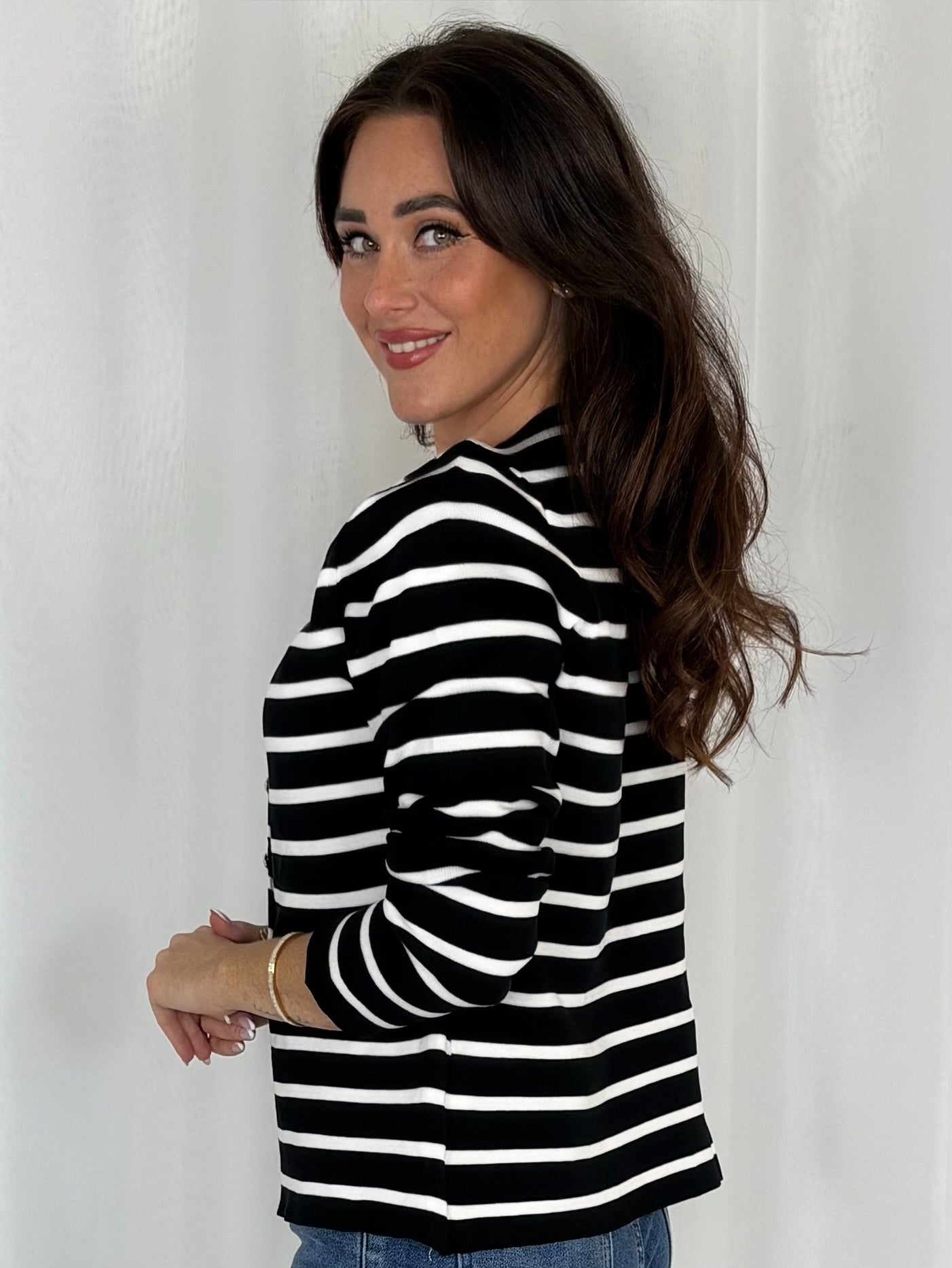 Striped Half Moon Shaped Gold Button Cardigan (3 Colours)
