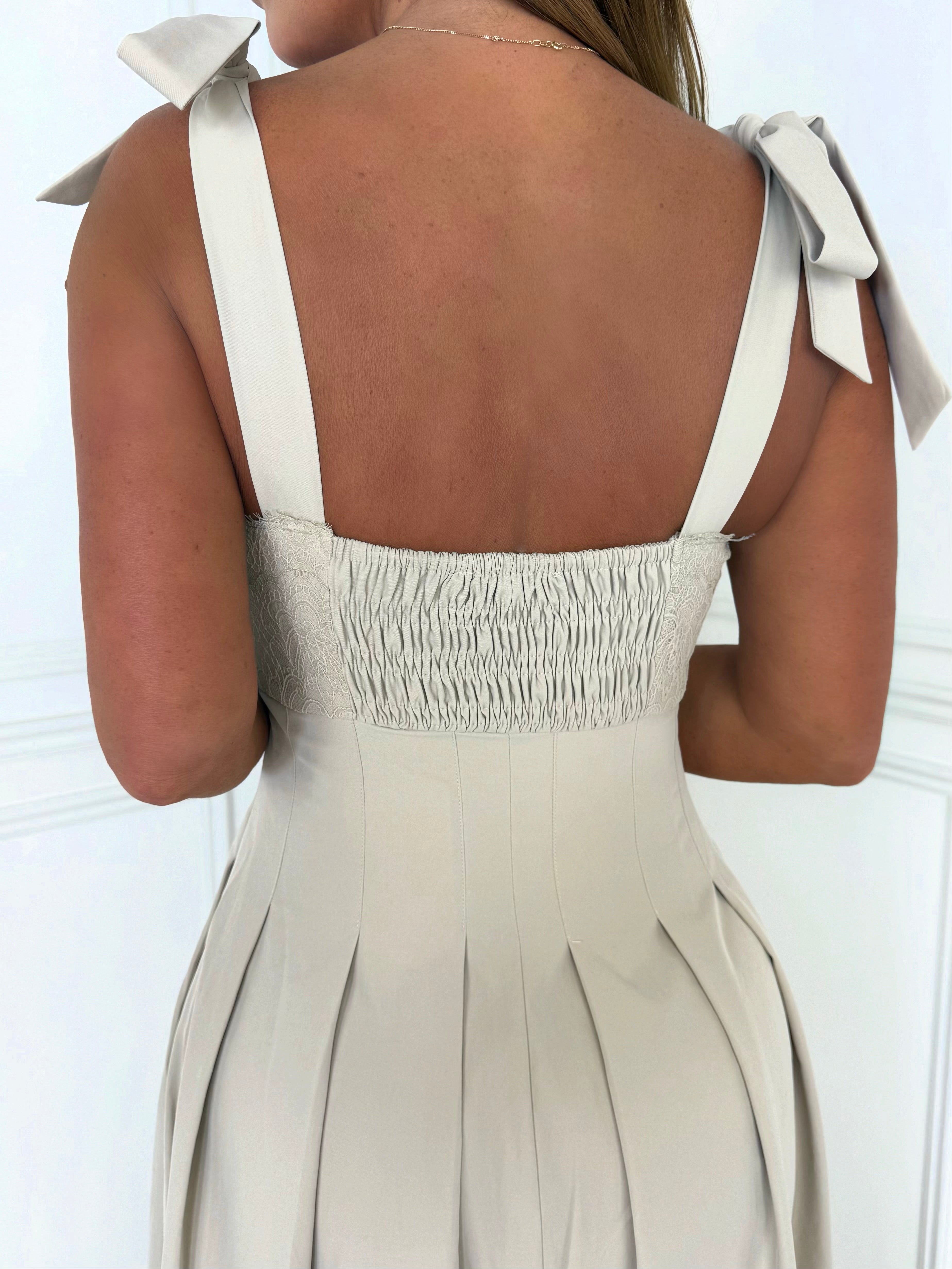 Riviera - Lace Tie-Shoulder Midi Dress (Beige)