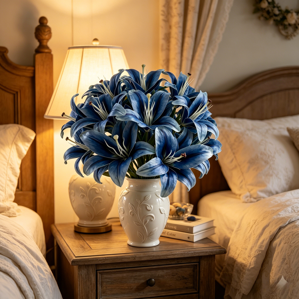 Blue Faux Lily Stems, Set of 2 – 6 Bloom Heads Decorative Floral Stems for Home Décor