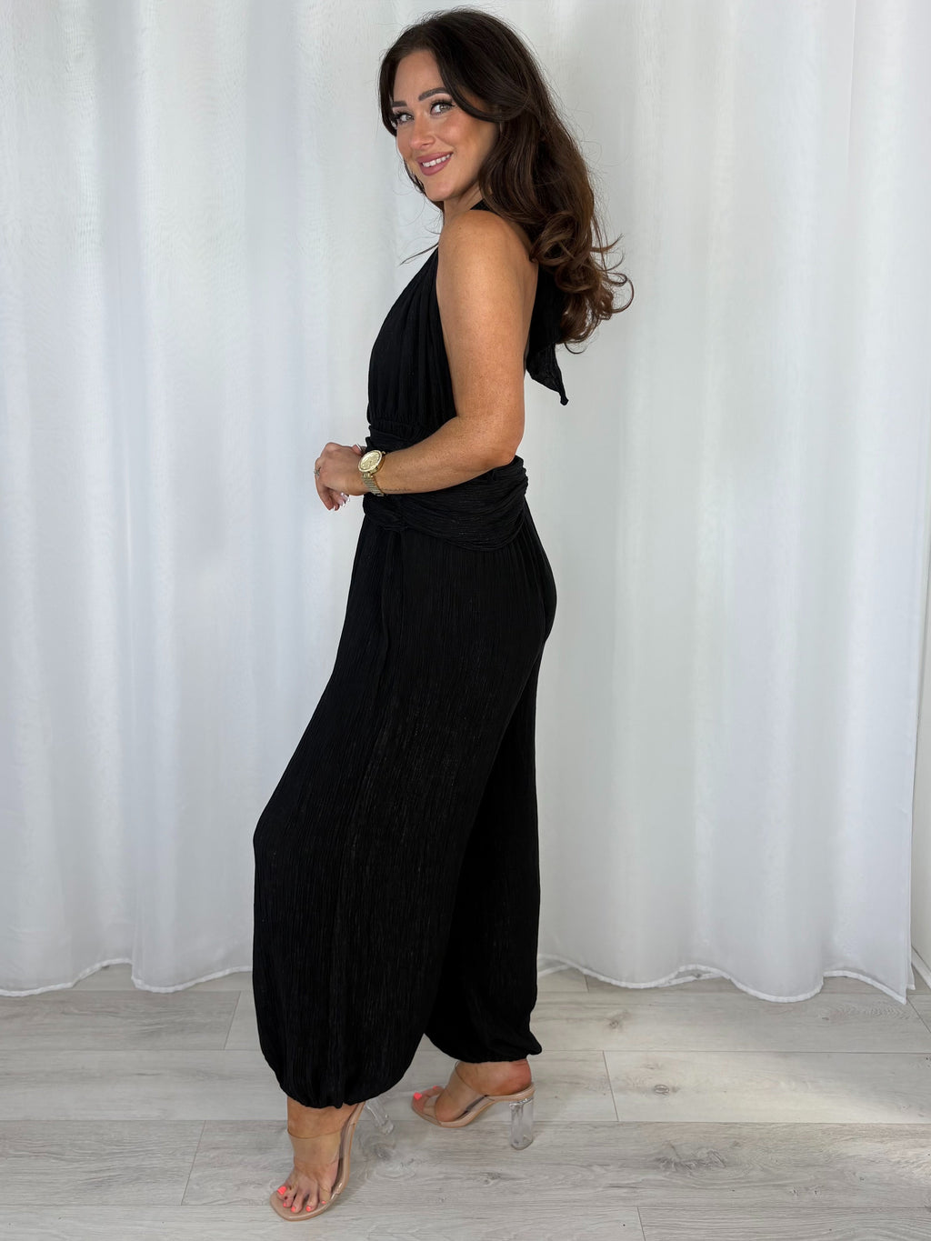 Crinkle Shimmer Halter Neck Drape Detail Backless Jumpsuit (7 Colours)