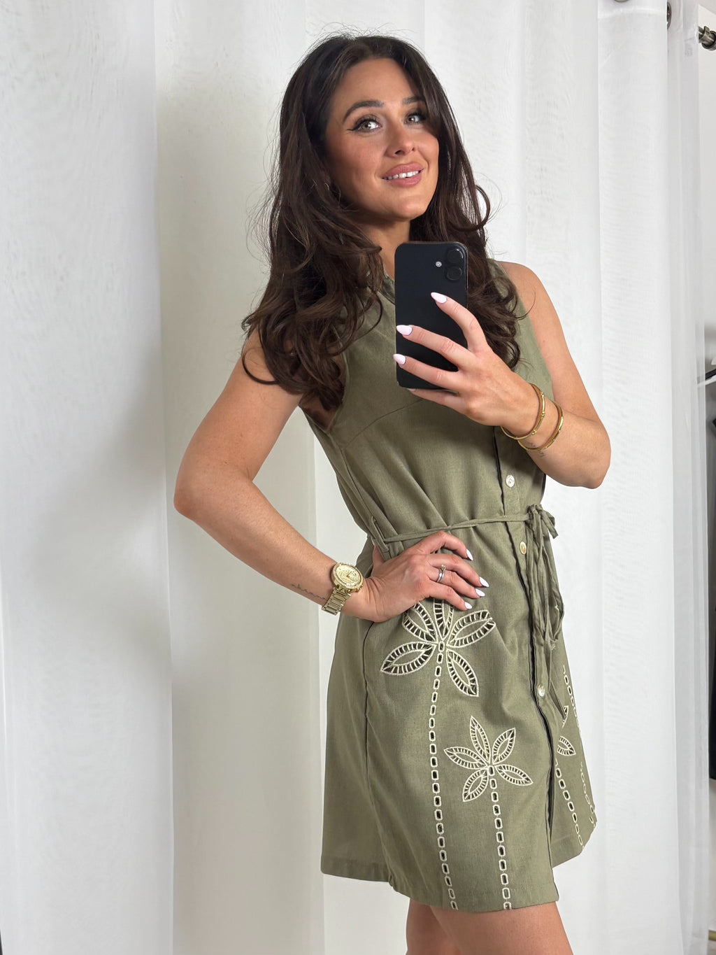 Khaki Floral Embroidered Button Up Dress