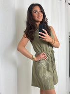Khaki Floral Embroidered Button Up Dress