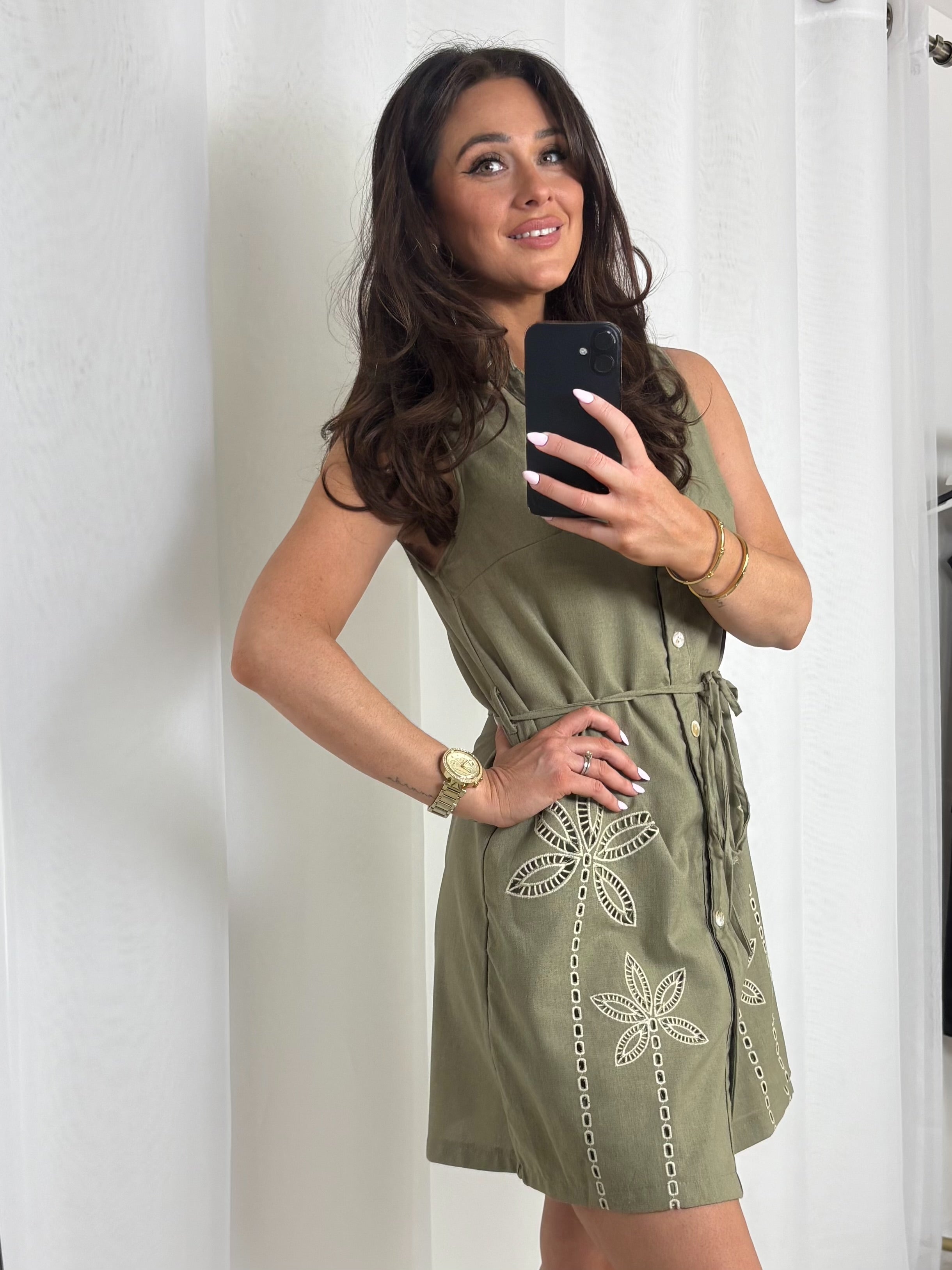 Khaki Floral Embroidered Button Up Dress
