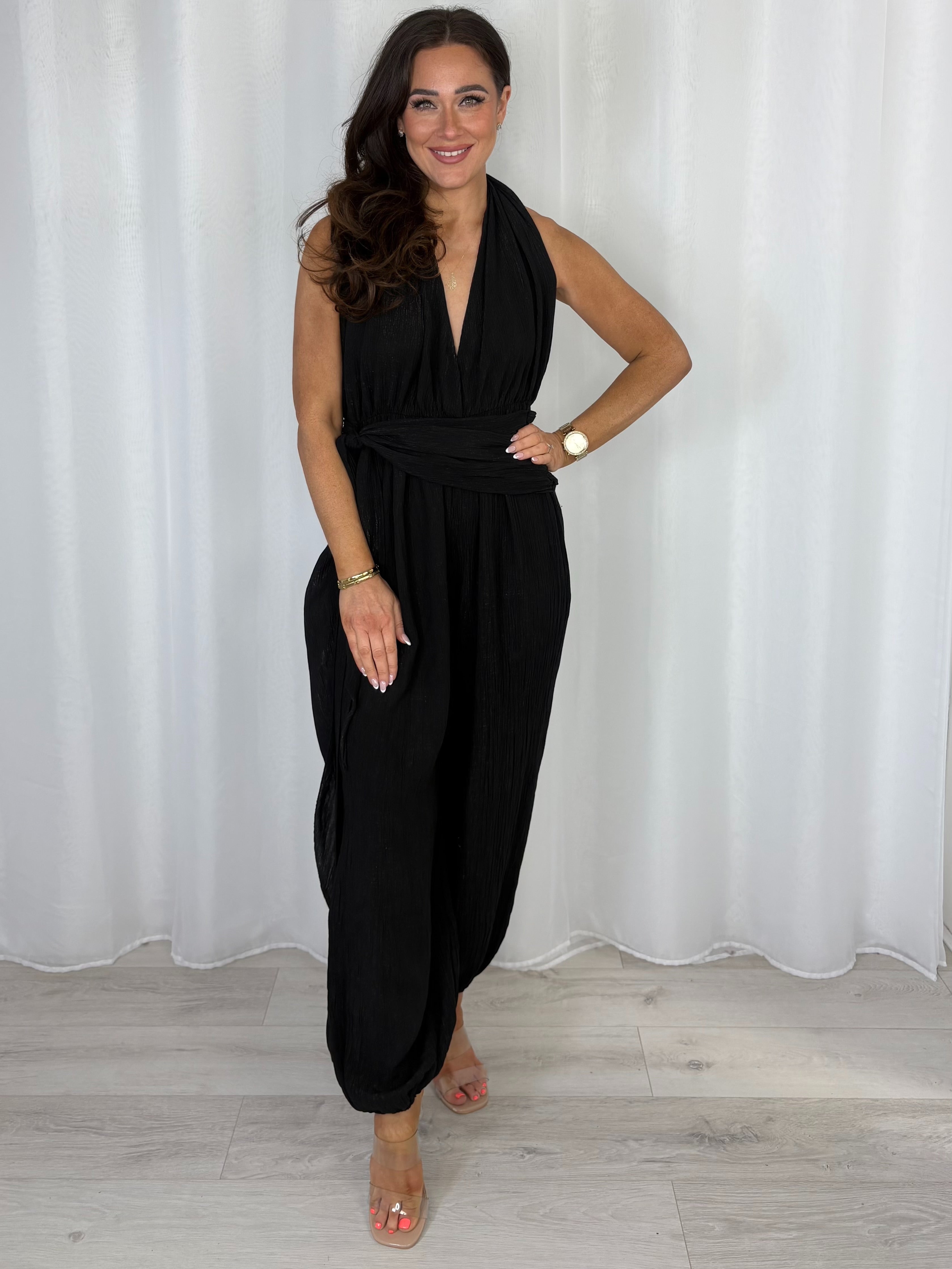 Crinkle Shimmer Halter Neck Drape Detail Backless Jumpsuit (7 Colours)