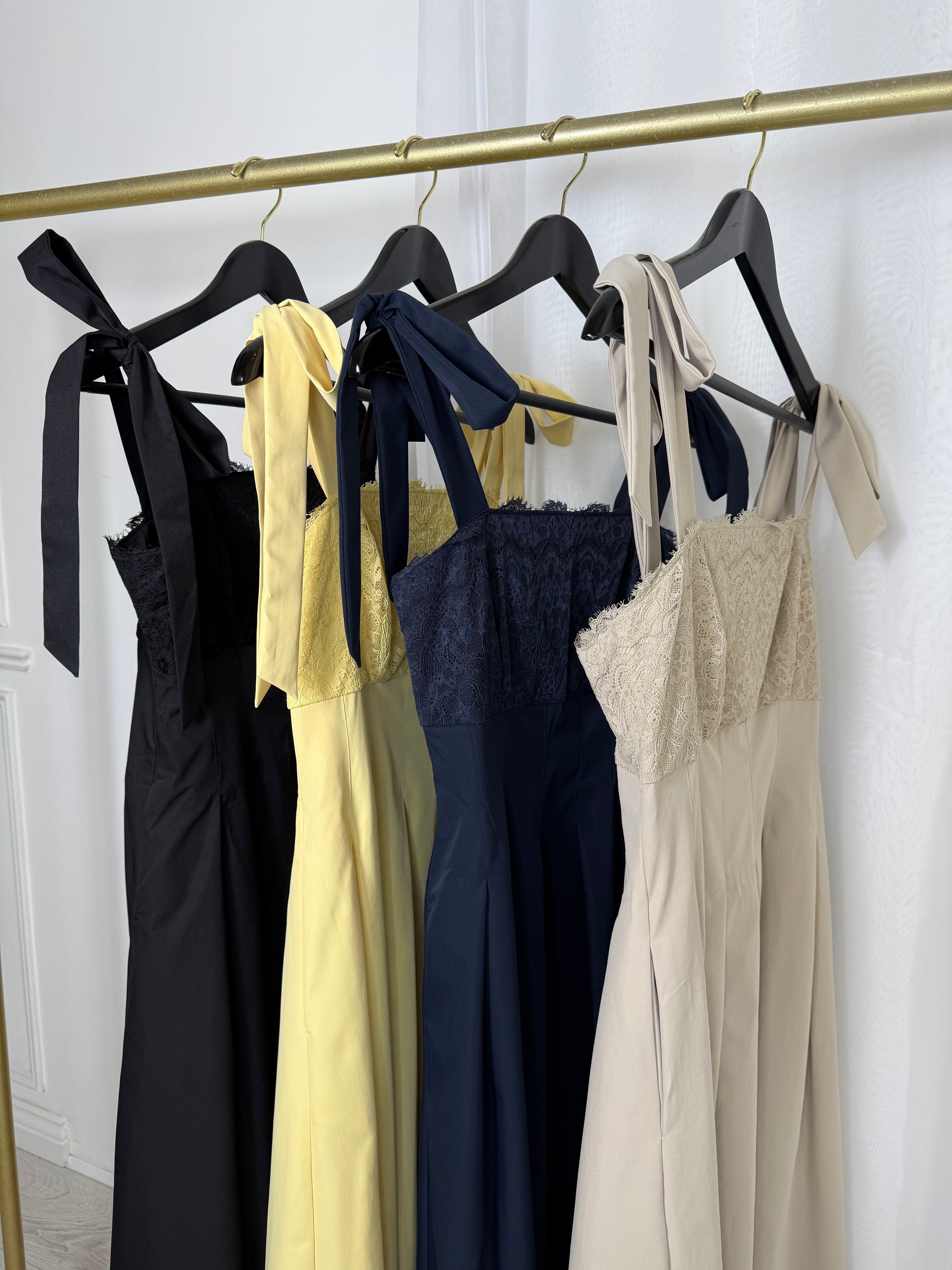 Riviera - Lace Tie-Shoulder Midi Dress (Yellow)