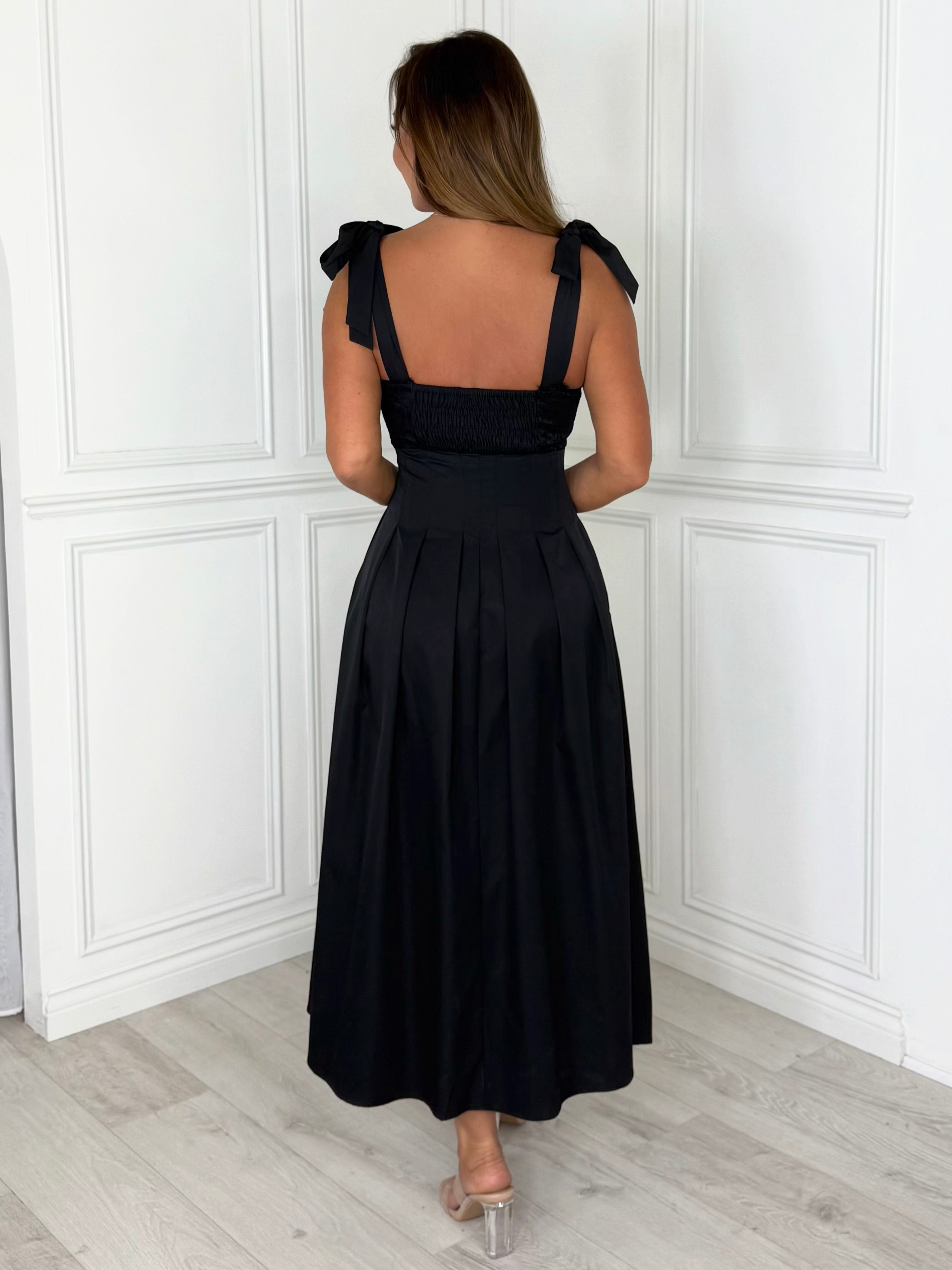 Riviera - Lace Tie-Shoulder Midi Dress (Black)