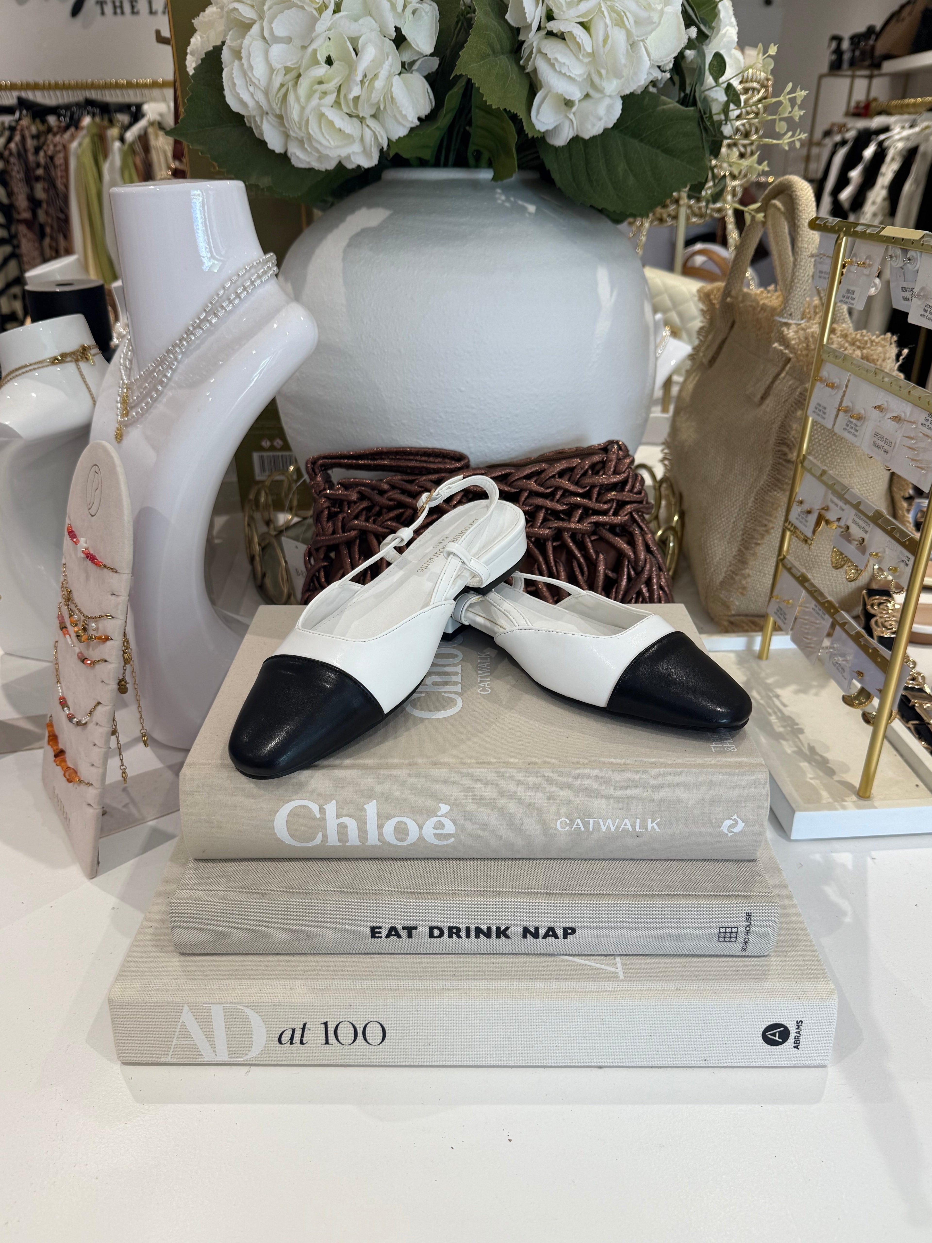 Black And White Cap-Toe Slingback Flats