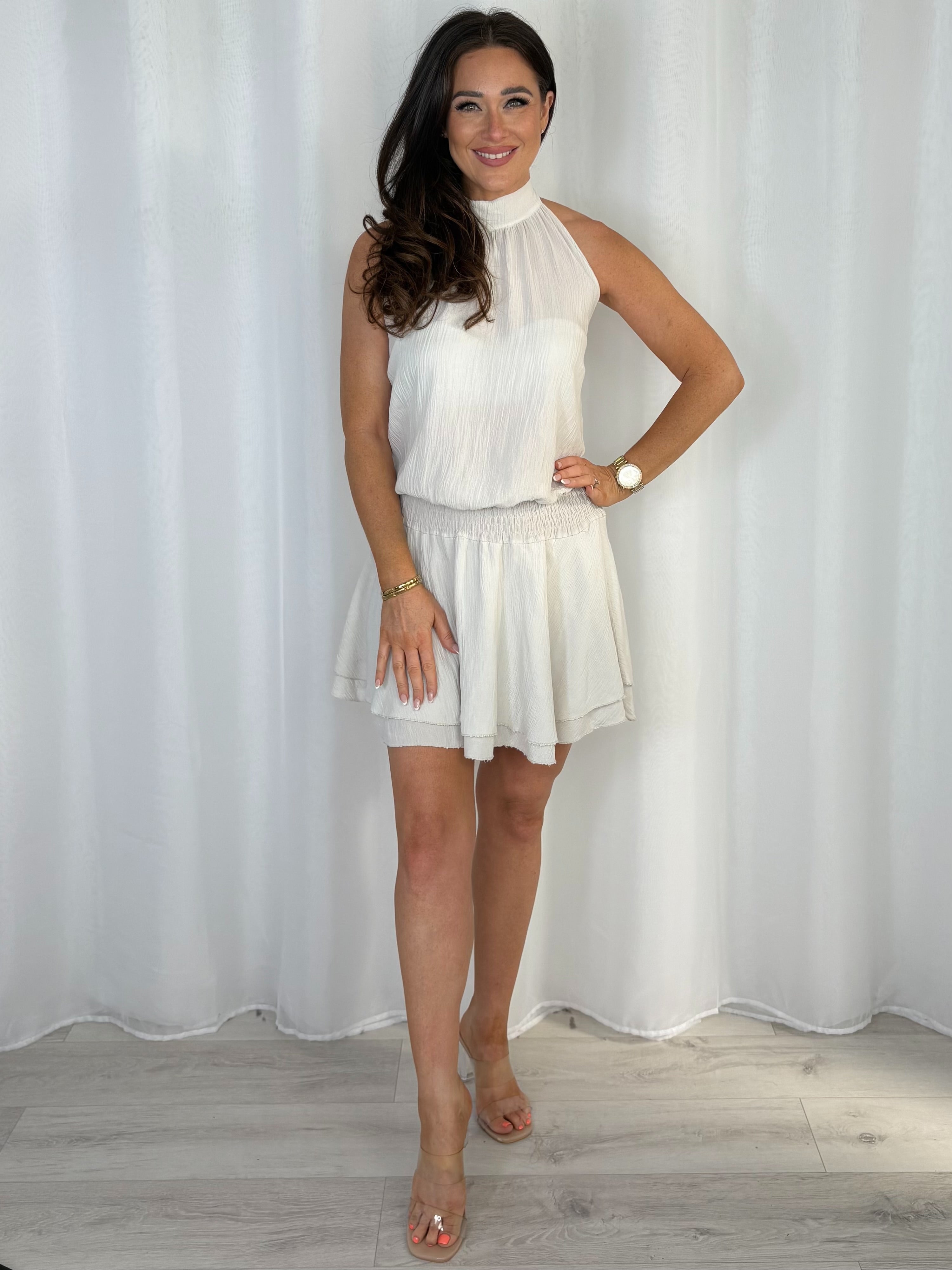 Halter Neck Crinkle/Shimmer Mini Dress (7 Colours)
