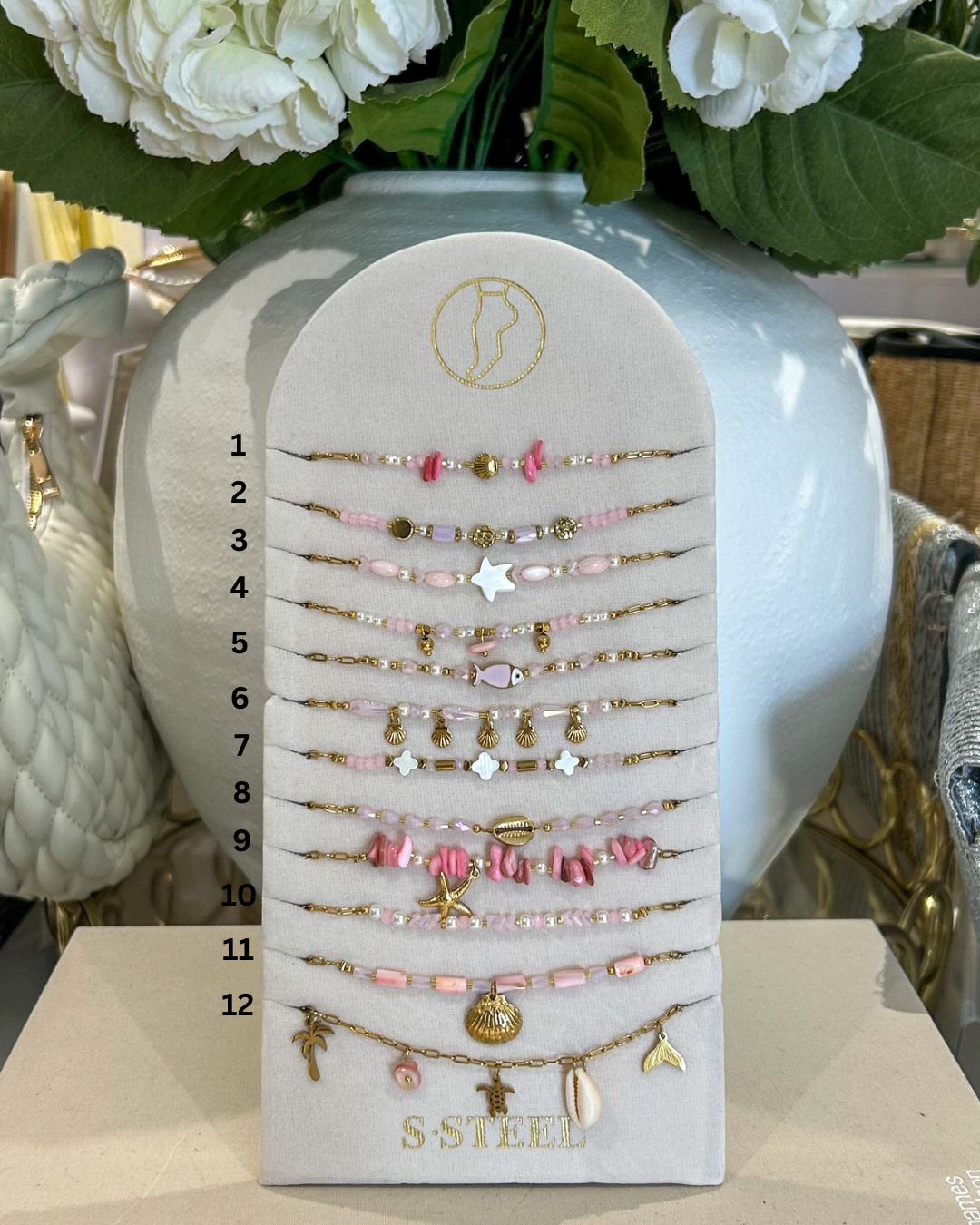 Gold Beaded Pink Anklets (12 Styles)