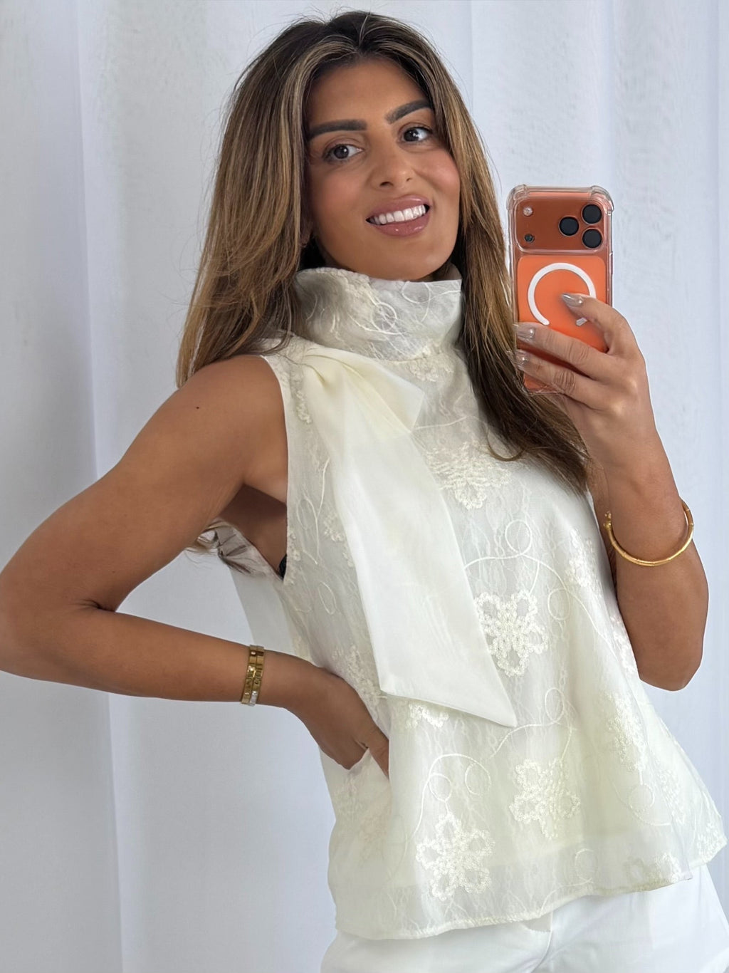 Funnel Neck Bow Shoulder Detail Floral Embroidered Top (2 Colours)