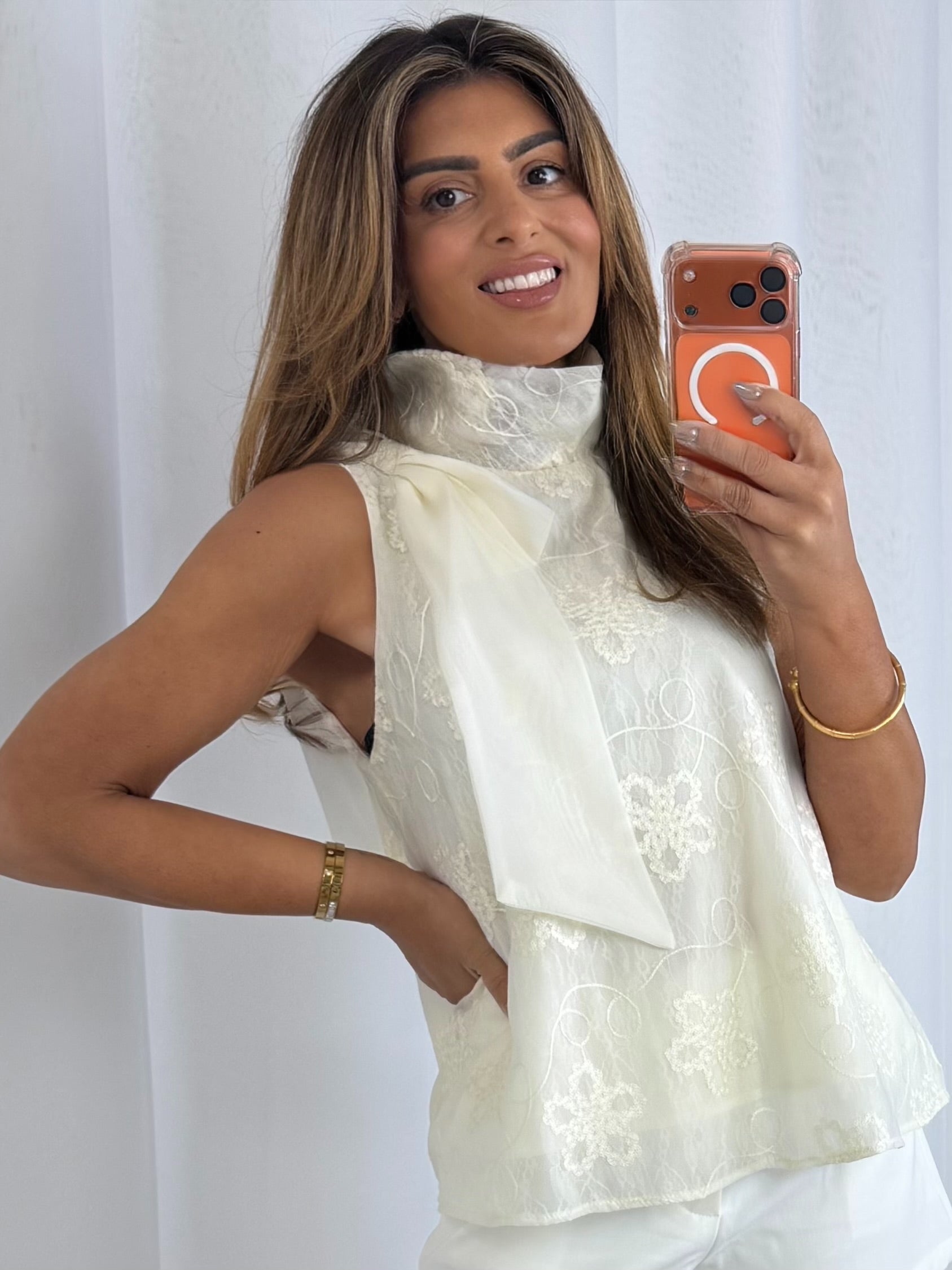 Funnel Neck Bow Shoulder Detail Floral Embroidered Top (2 Colours)