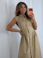 Grandad Collar Cinched Pleated Waist Dress