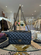 Large Genuine Leather Quilted Turn Lock Chain Handle Handbag (8 Colours)