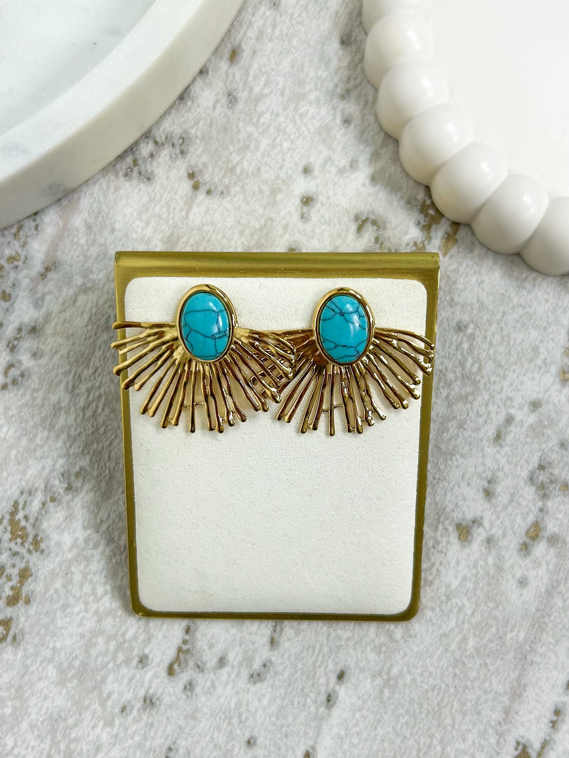 Turquoise Oval Stone Gold Fan Earrings