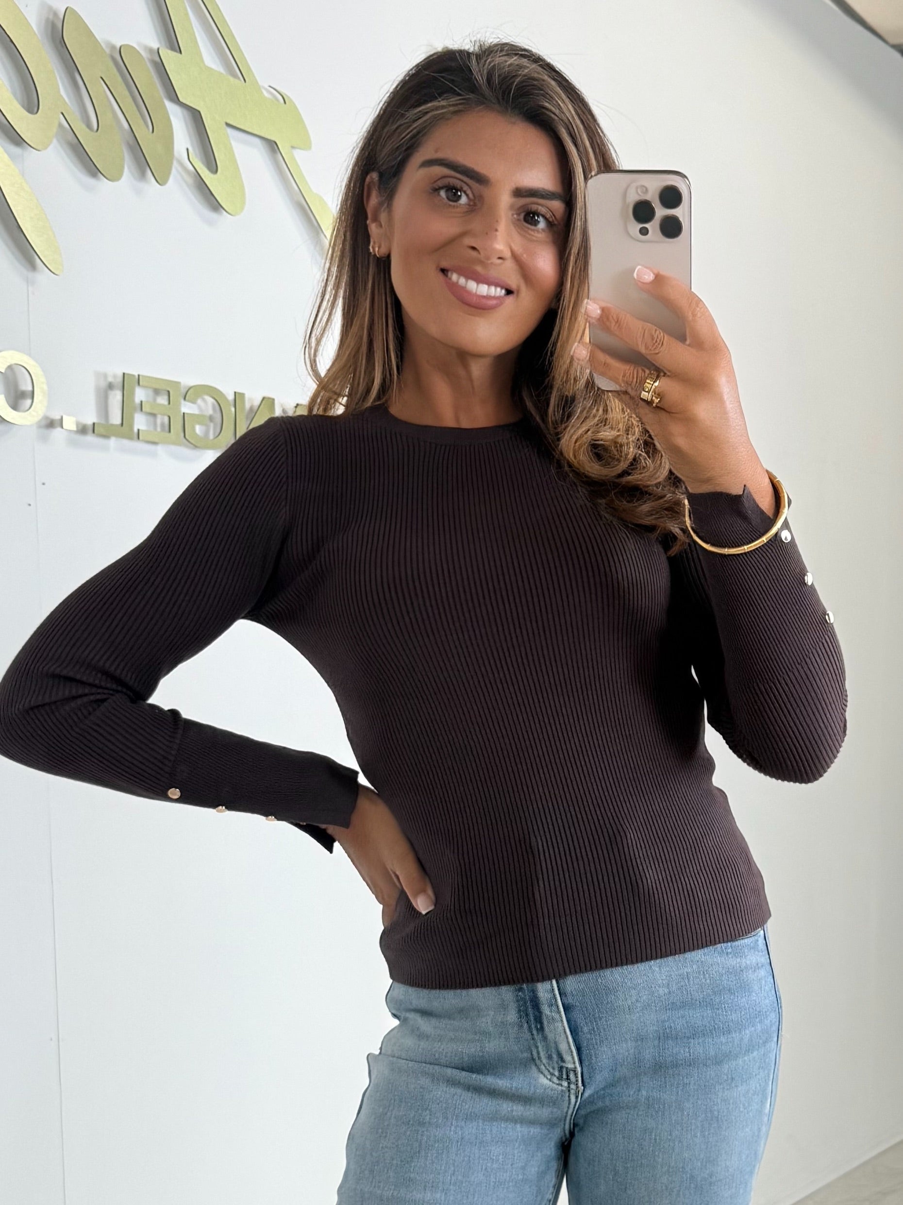 Soft Knit Round Neck Gold Button Sleeve Jumper (3 Colours)