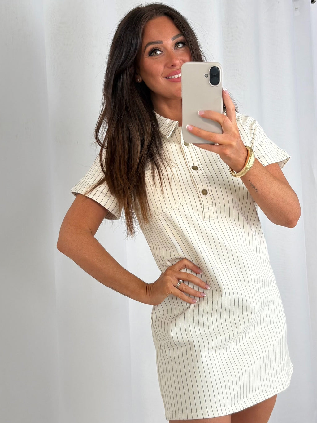 Cream Pinstripe Denim Dress
