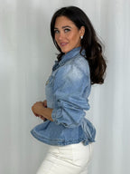 Denim Gold Button Peplum Jacket
