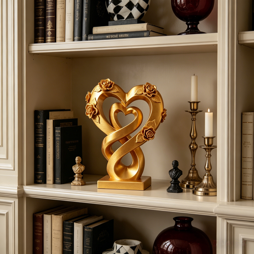 Eternal Love Double Heart Sculpture with Roses – Romantic Home Decor Accent