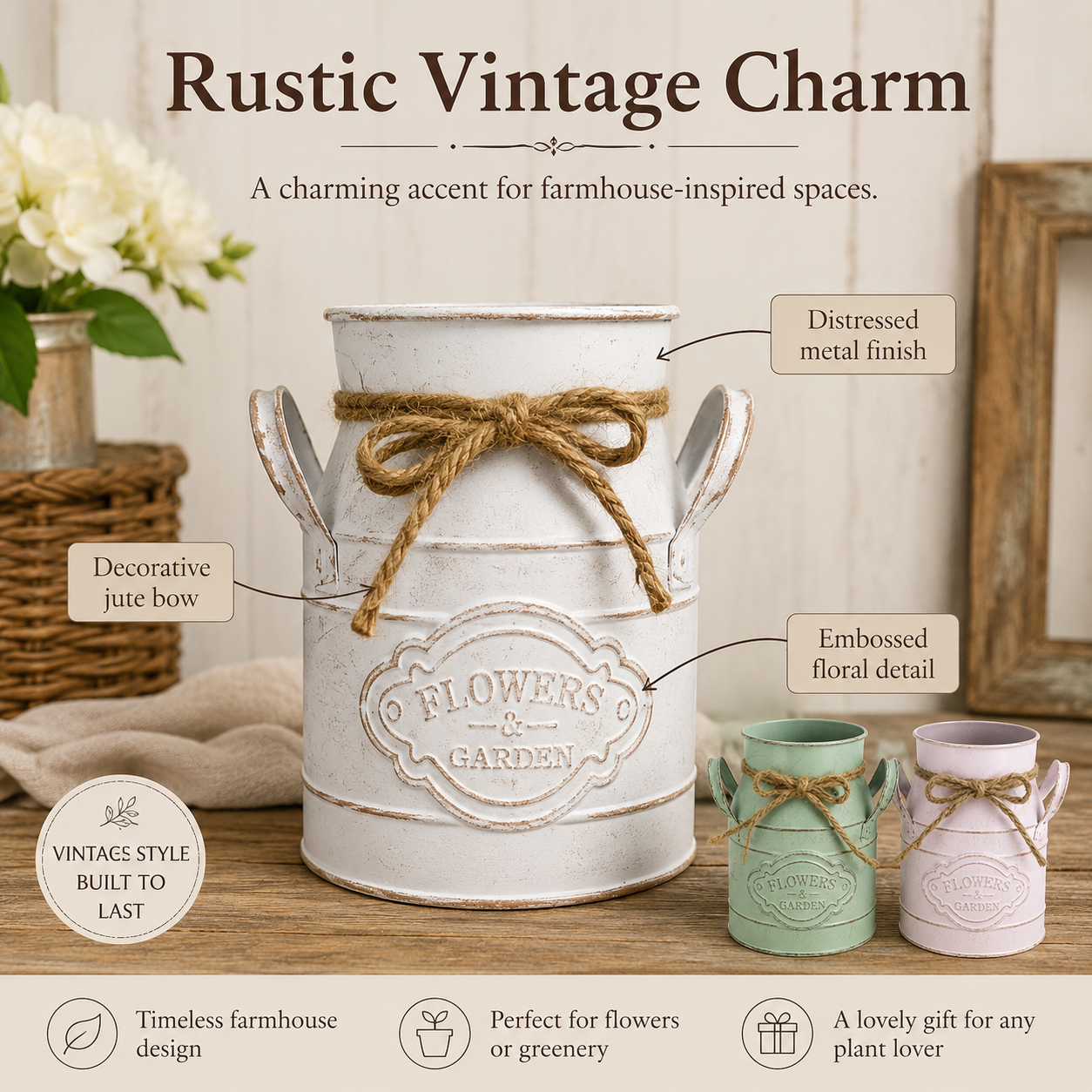 Rustic Metal Flower Pot Planter – Vintage Farmhouse Decorative Plant Bucket