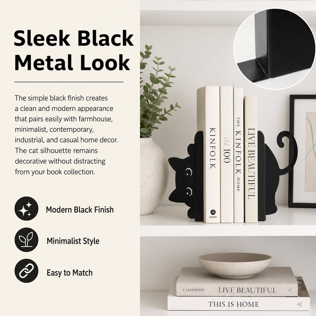 Black Cat Bookends, Set of 2 Metal Cat Book Stoppers
