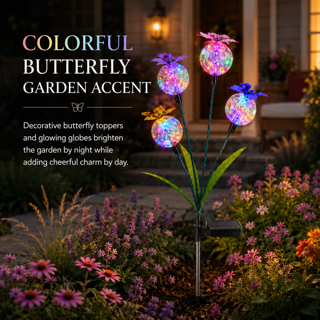 Solar Butterfly Garden Stake Light – 4 Glowing Crackle Globes