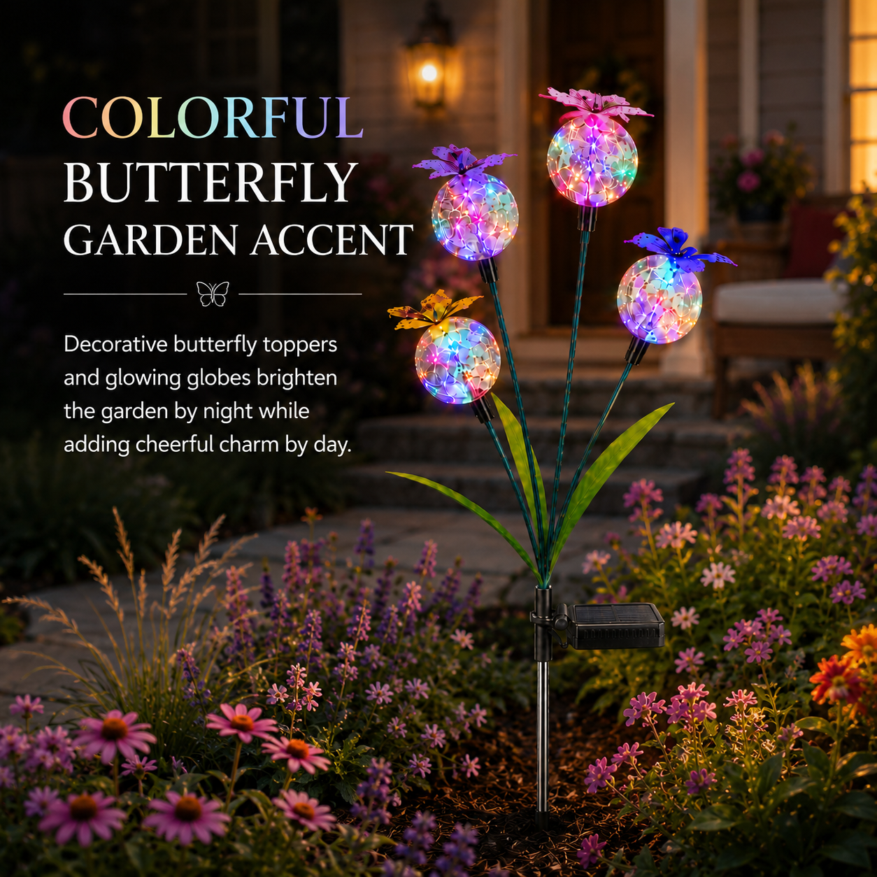 Solar Butterfly Garden Stake Light – 4 Glowing Crackle Globes
