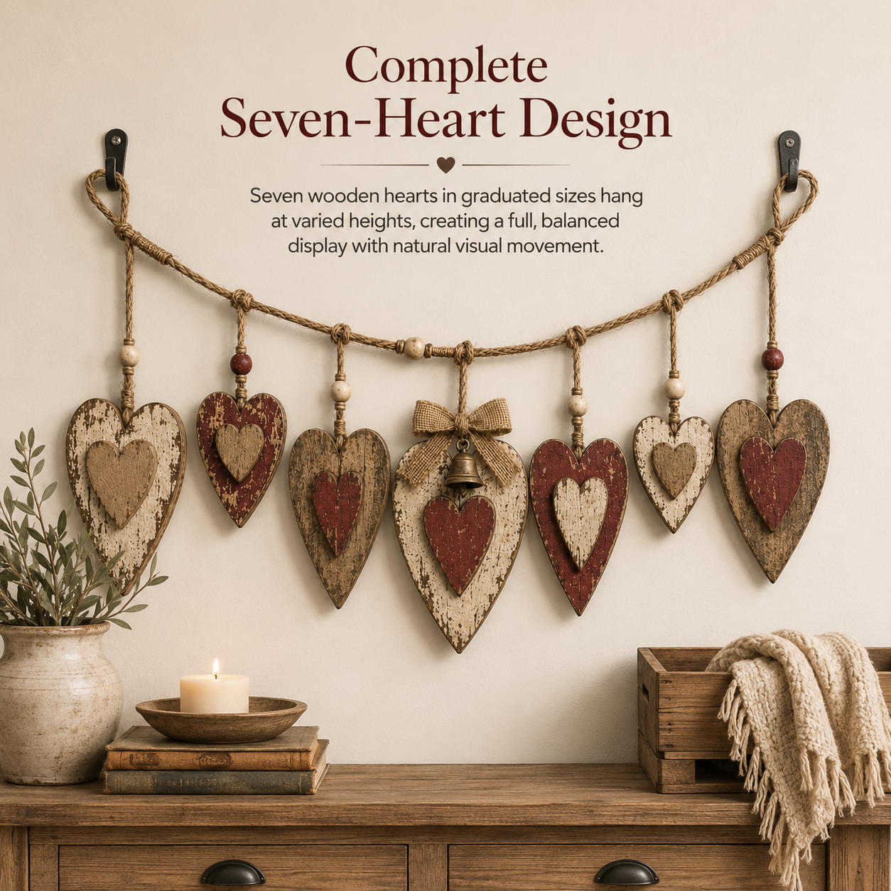 Rustic Vintage Wooden Heart Garland – 39.4″ Farmhouse Mantel & Wall Hanging Decor