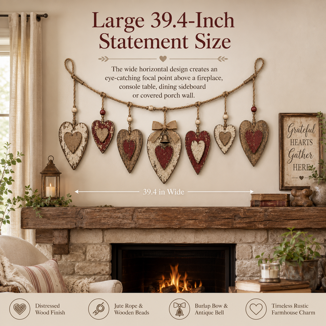 Rustic Vintage Wooden Heart Garland – 39.4″ Farmhouse Mantel & Wall Hanging Decor
