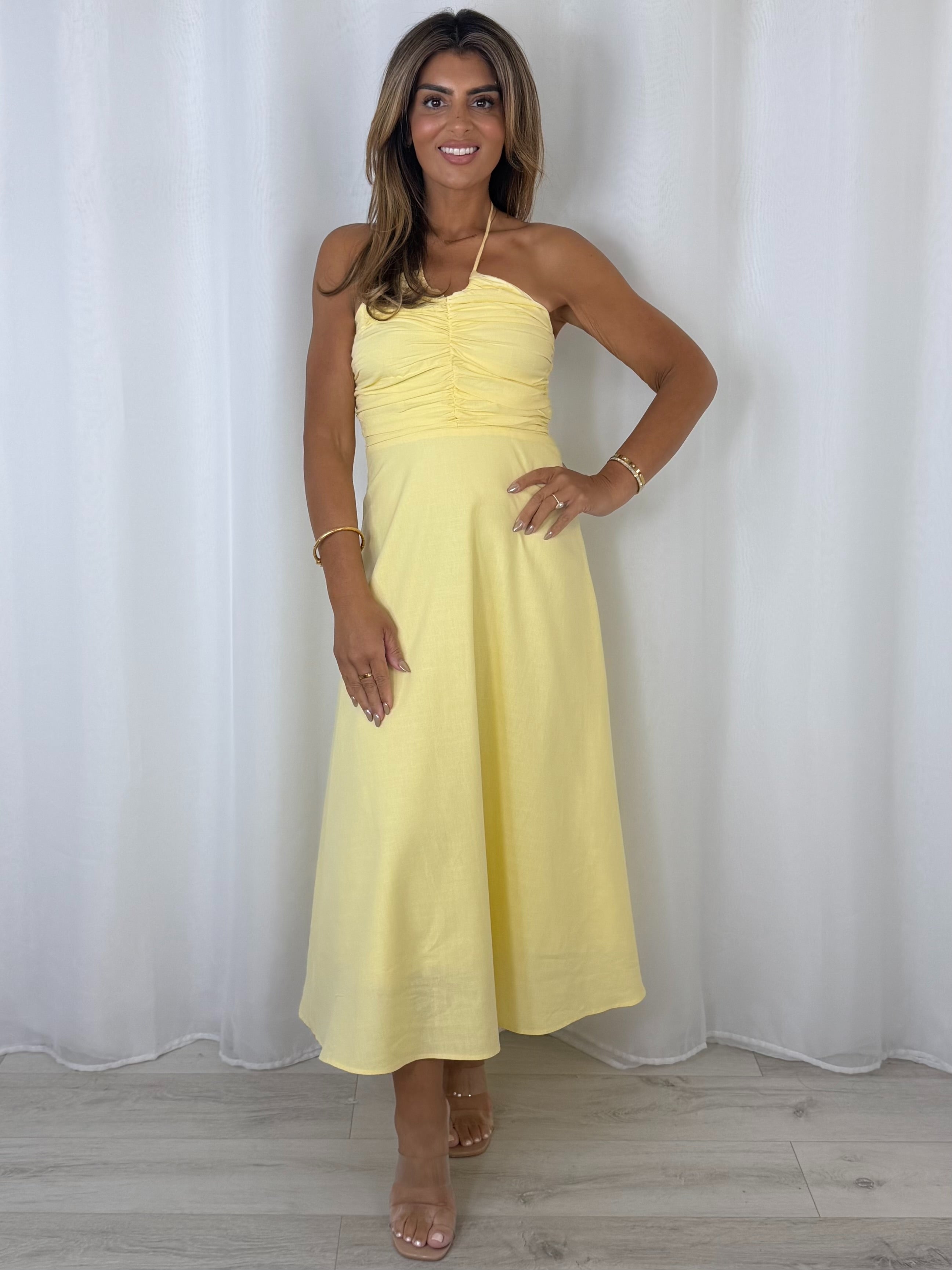 Ruched Tie Neck Smocked Back Midi Dress (2 Colours)