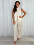 Cream Sleeveless Tie-Front Top With Wide-Leg Trousers