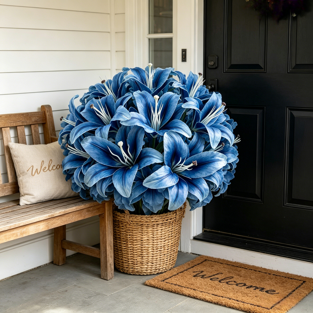 Blue Faux Lily Stems, Set of 2 – 6 Bloom Heads Decorative Floral Stems for Home Décor