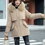Women's winter coat with loose hood and thick synthetic fleece