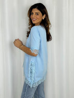 Round Neck Lace Trim Asymmetric Bottom Top (8 Colours)
