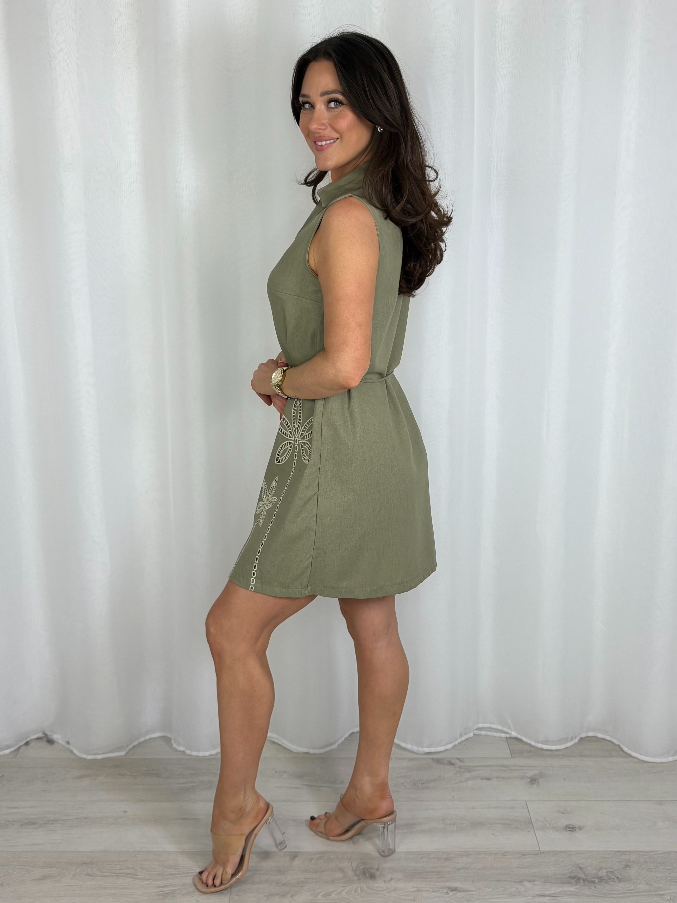 Khaki Floral Embroidered Button Up Dress