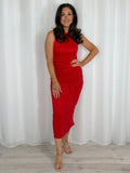 Red High Neck Sleeveless Lace Midi Red Dress