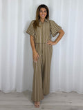 Brown Balloon Sleeve Button Up Top And Straight Leg Co-Ord