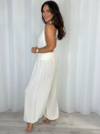 Crinkle Shimmer Halter Neck Drape Detail Backless Jumpsuit (7 Colours)