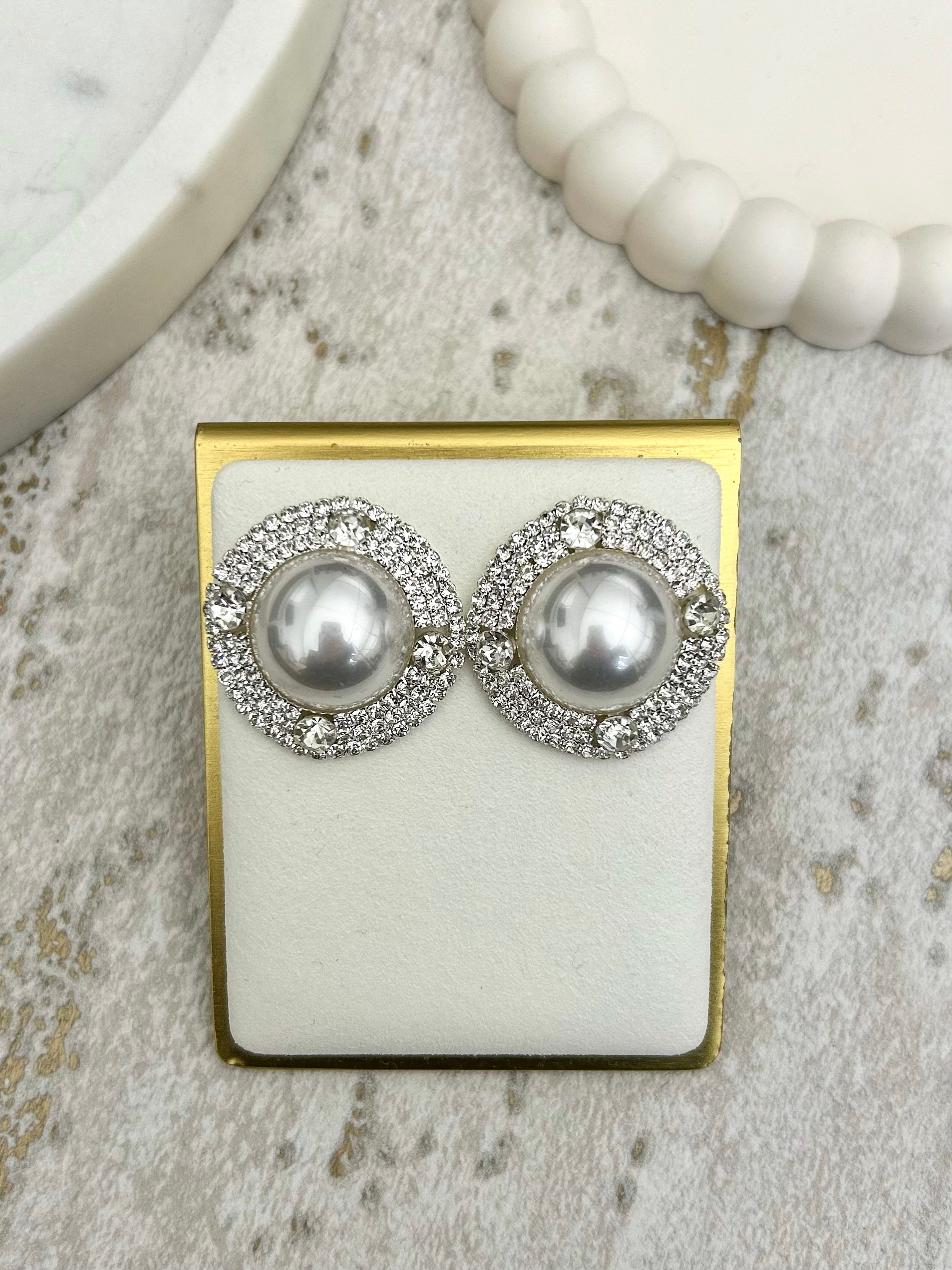 Round Pearl Diamante Trim Stud Earrings (2 Colours)
