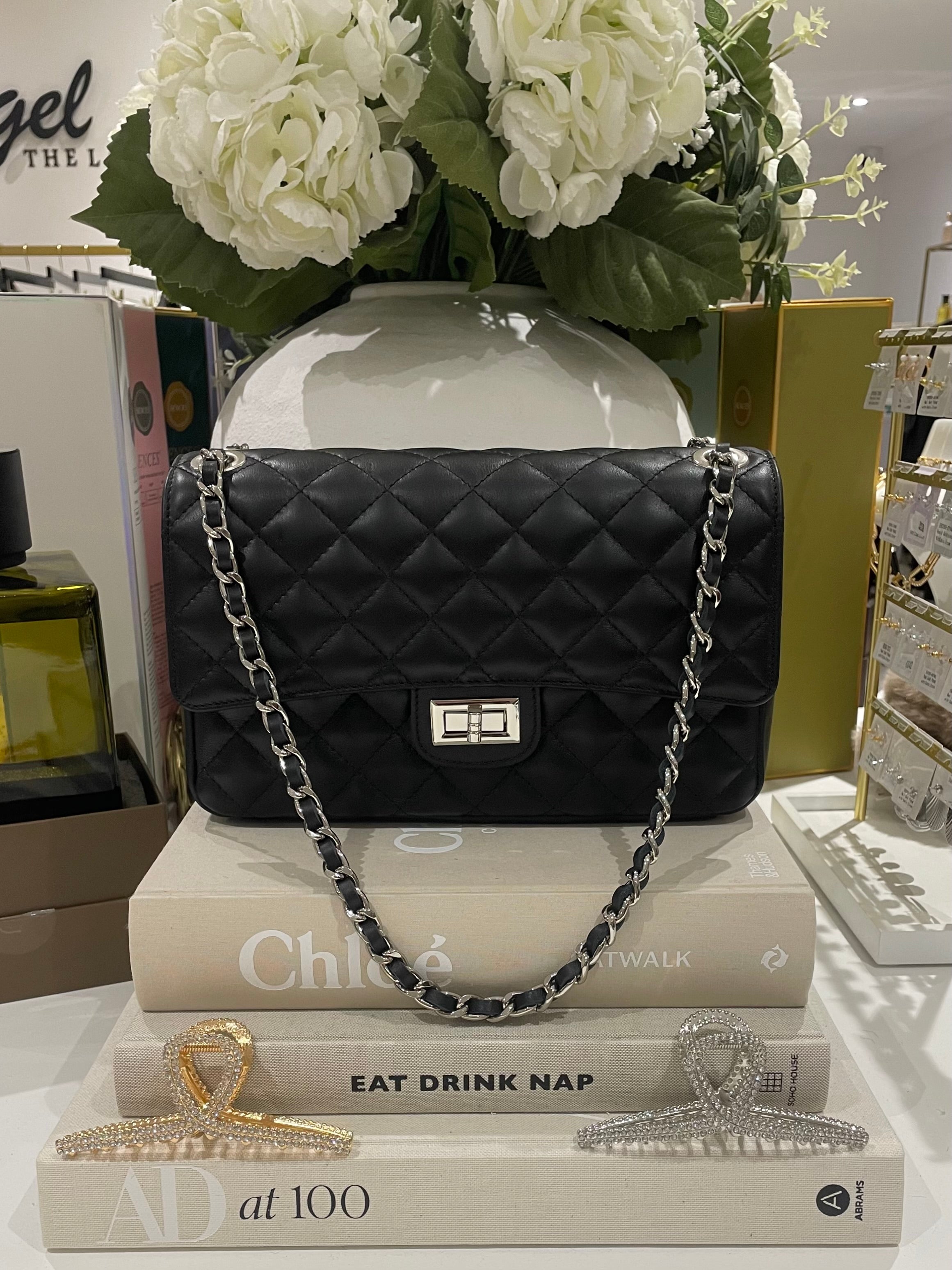 Large Genuine Leather Quilted Turn Lock Chain Handle Handbag (8 Colours)
