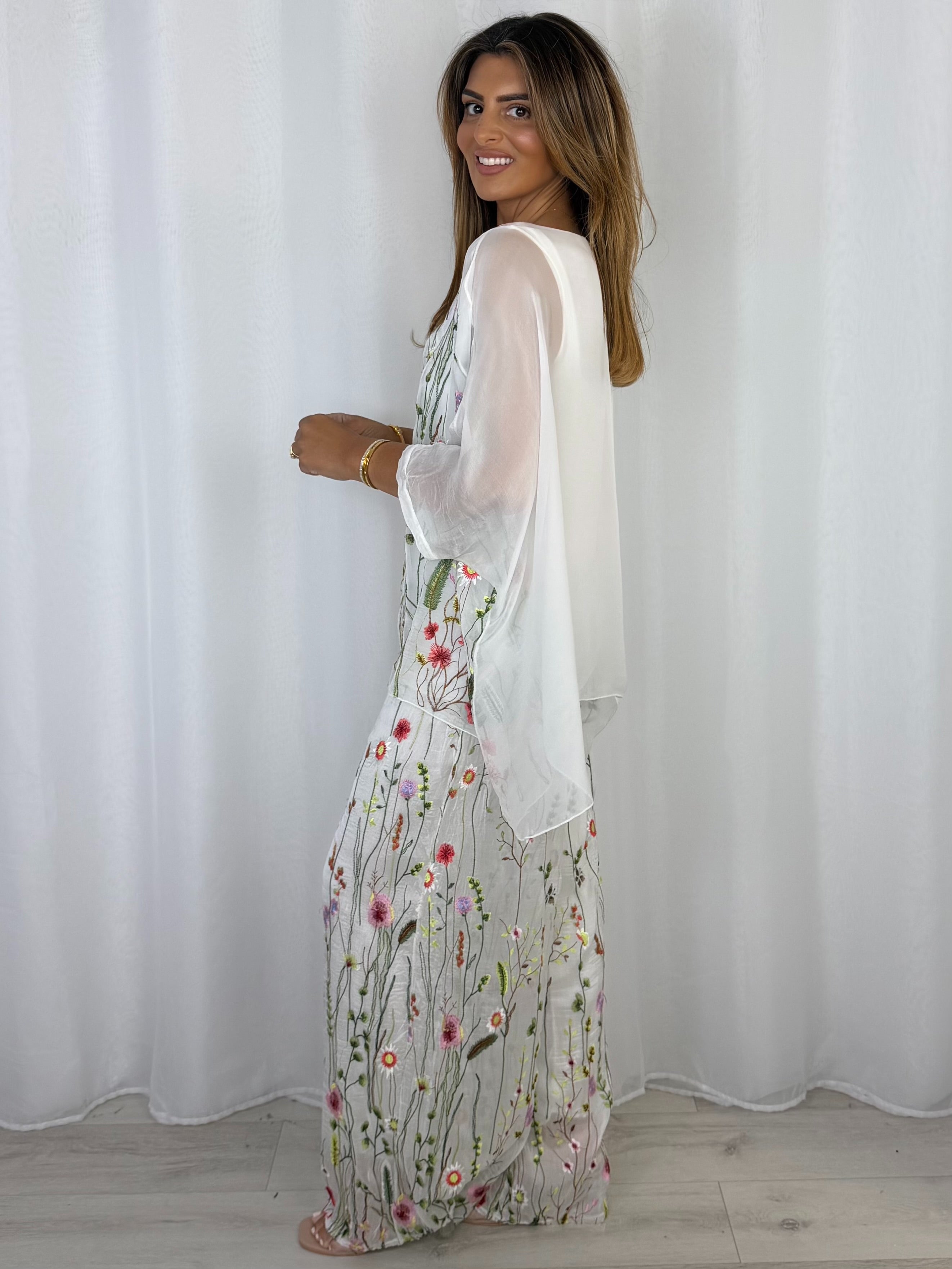 Flower Embroidered Silk Top And Trouser Co-Ord (2 Colours)