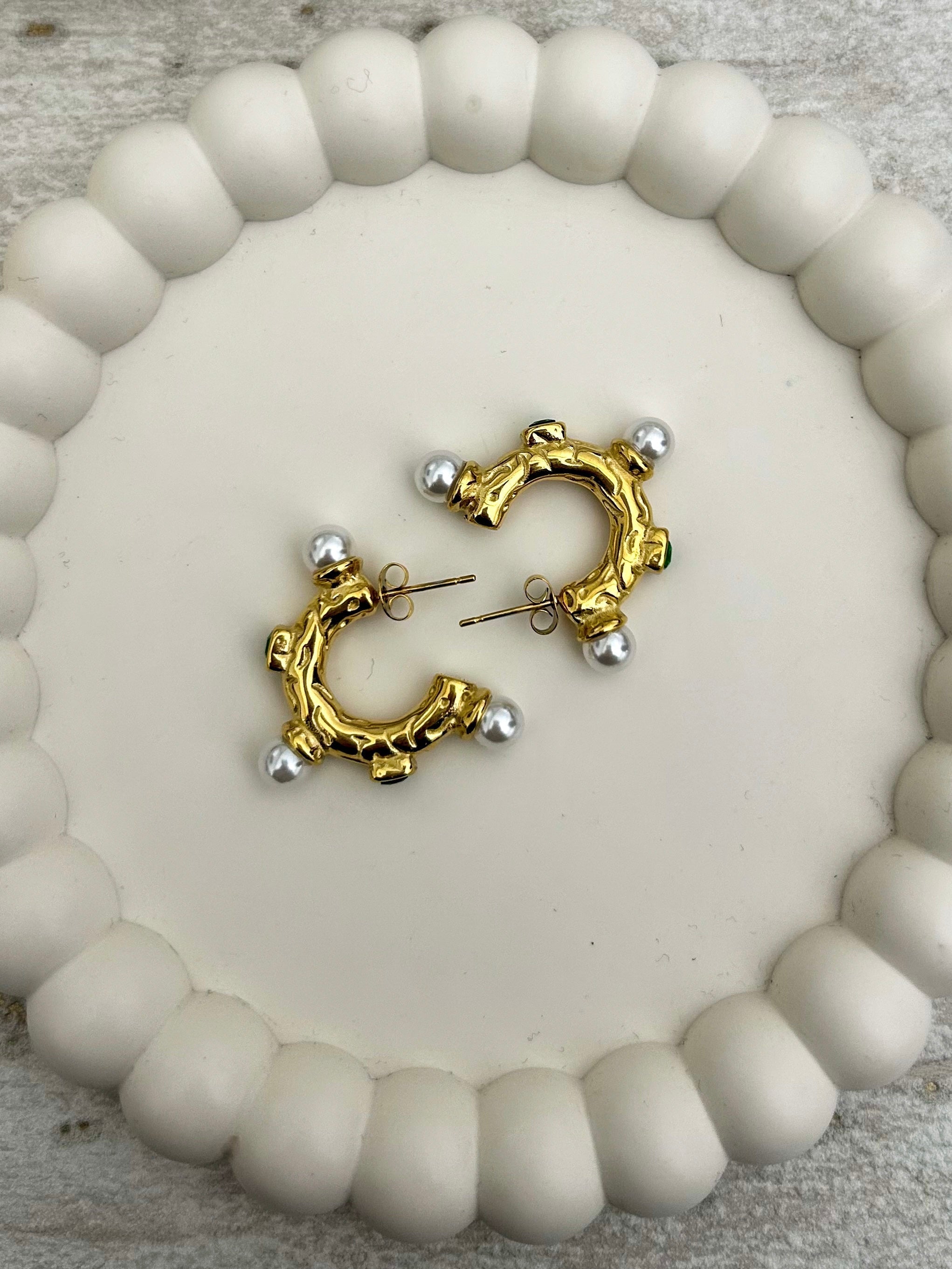 Chunky Emerald & Pearl Detailed Hoops