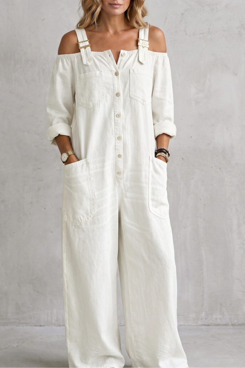 Denimora | Off-Shoulder Wide-Leg Overalls