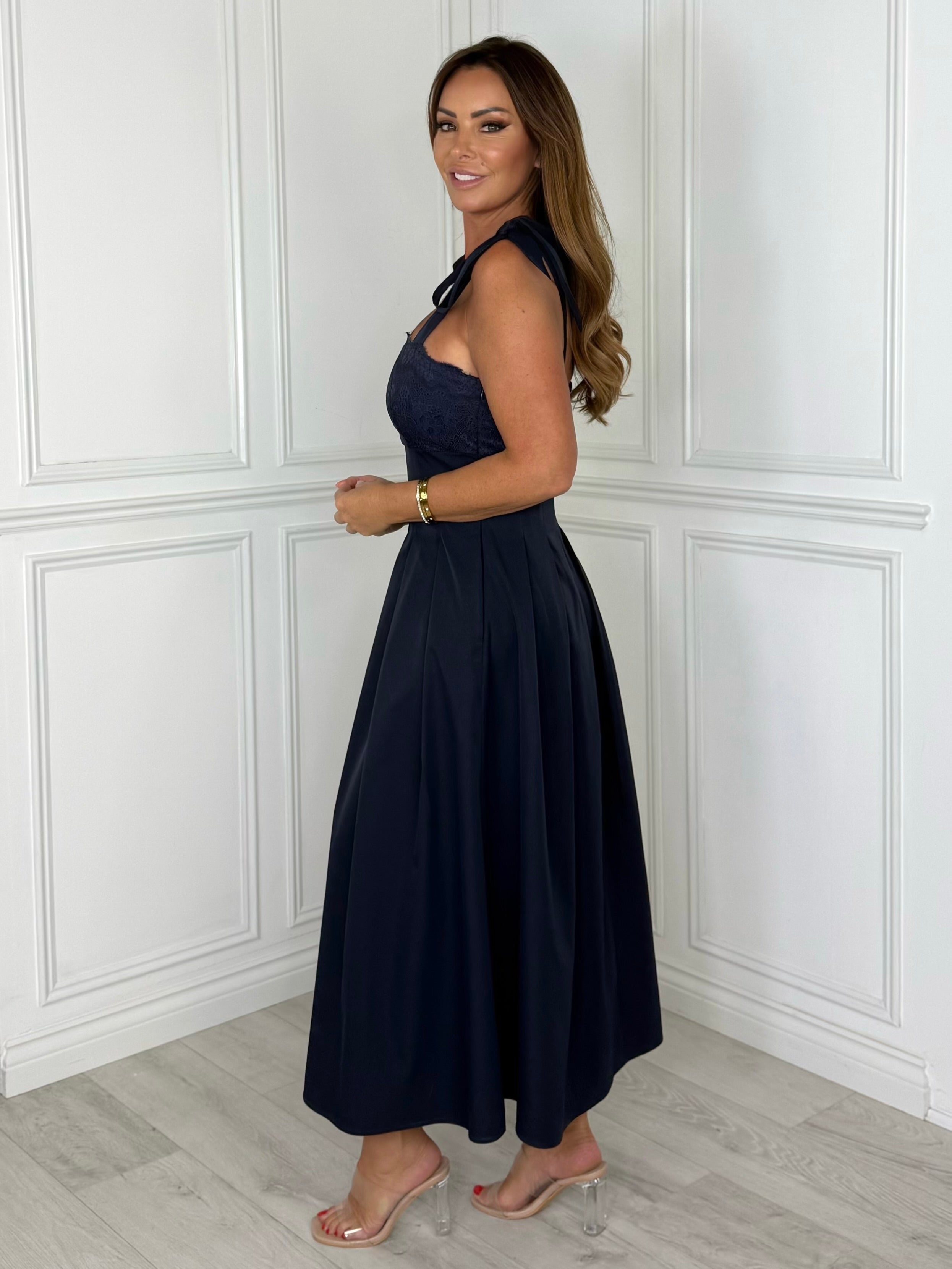 Riviera - Lace Tie-Shoulder Midi Dress (Navy)