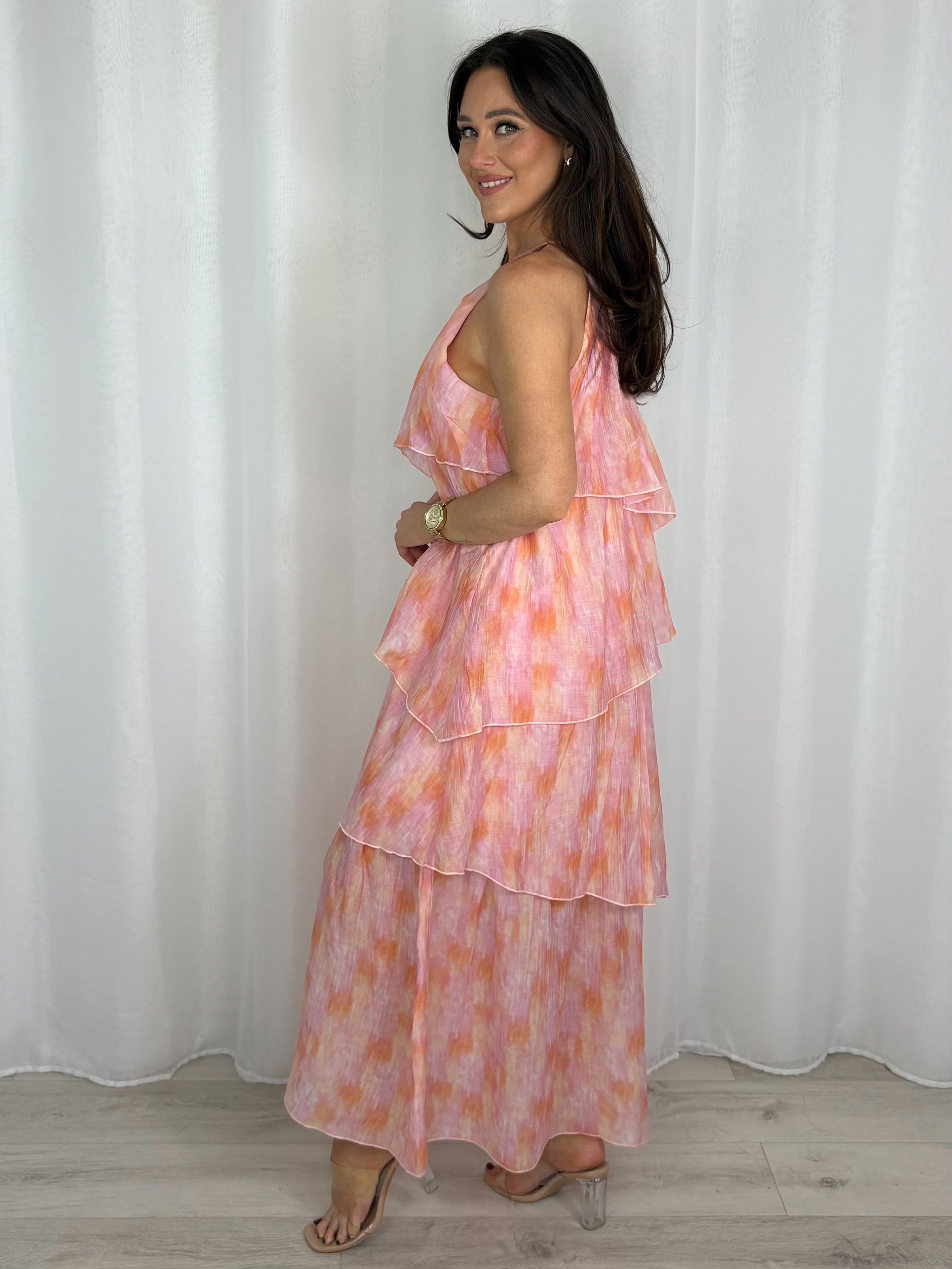 Pink Tie Dye Tiered Maxi Dress