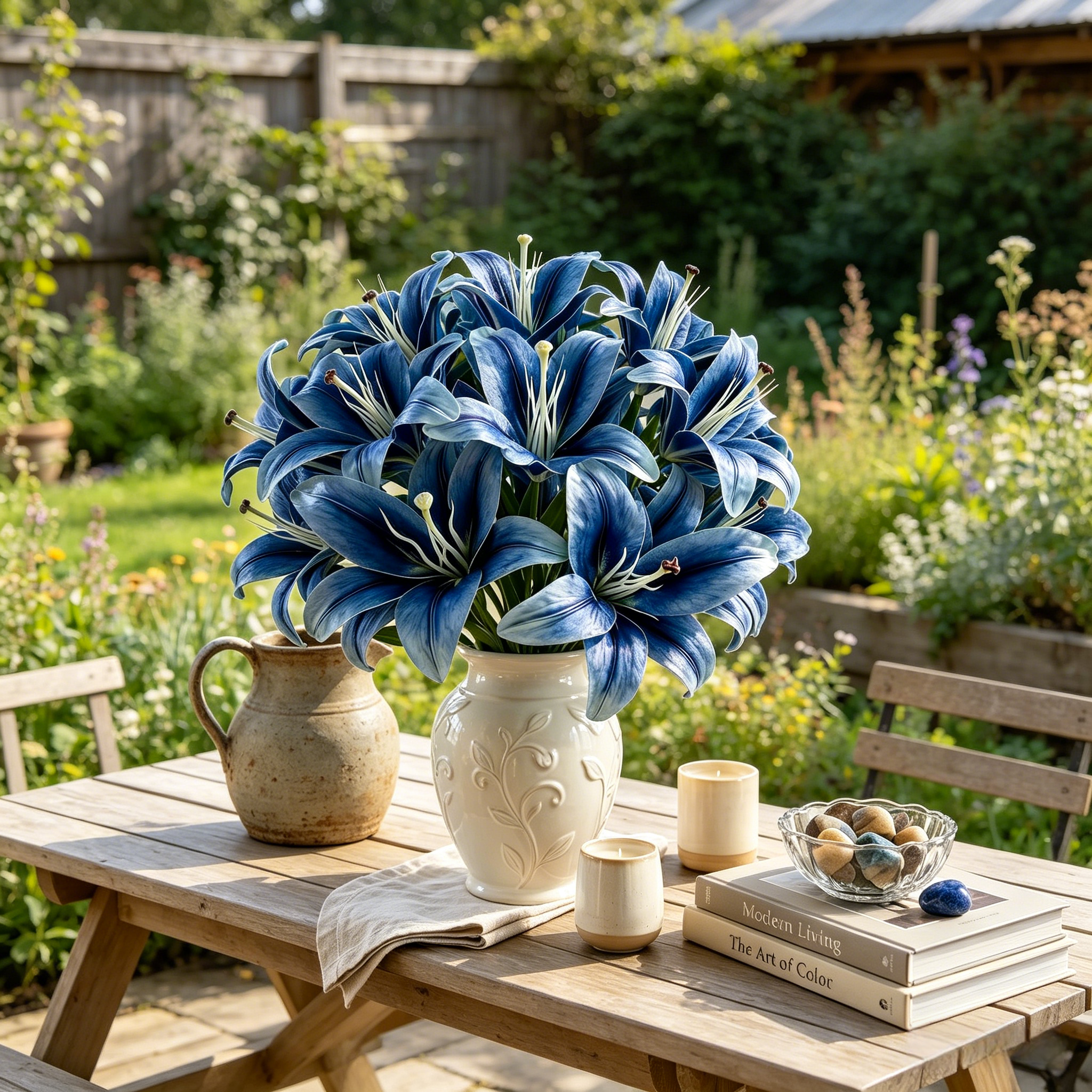 Blue Faux Lily Stems, Set of 2 – 6 Bloom Heads Decorative Floral Stems for Home Décor