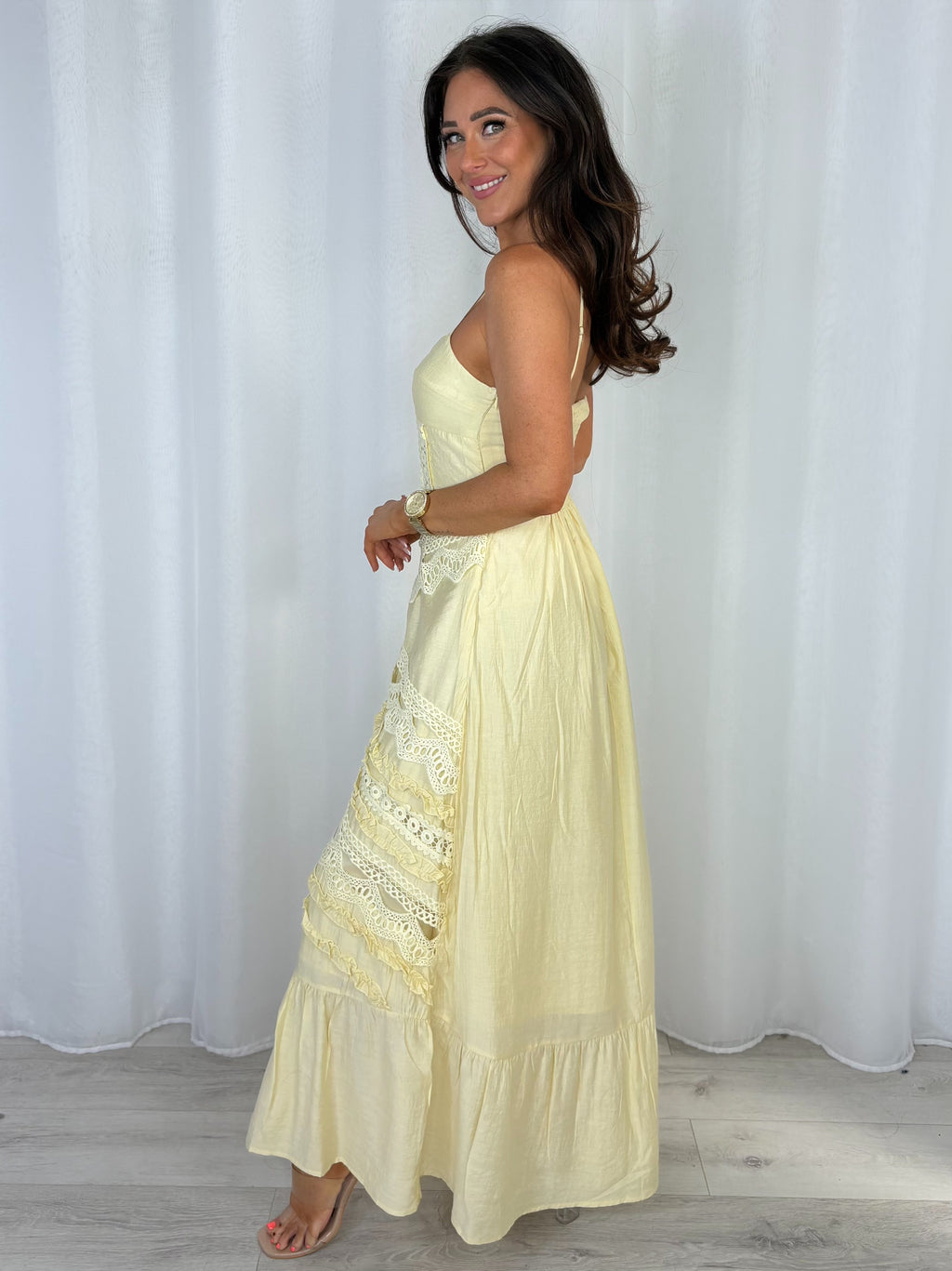 Lemon Crochet Detail Front Split Maxi Dress