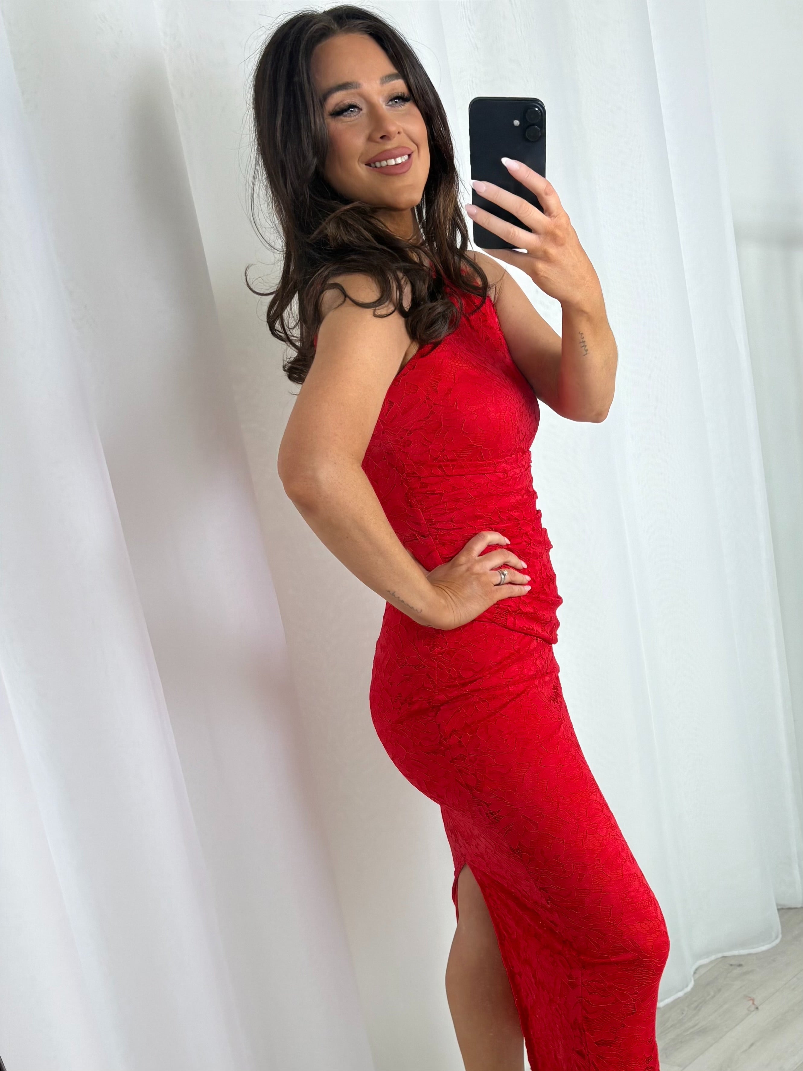 Red High Neck Sleeveless Lace Midi Red Dress