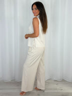 Cream Sleeveless Tie-Front Top With Wide-Leg Trousers