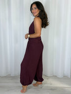 Crinkle Shimmer Halter Neck Drape Detail Backless Jumpsuit (7 Colours)