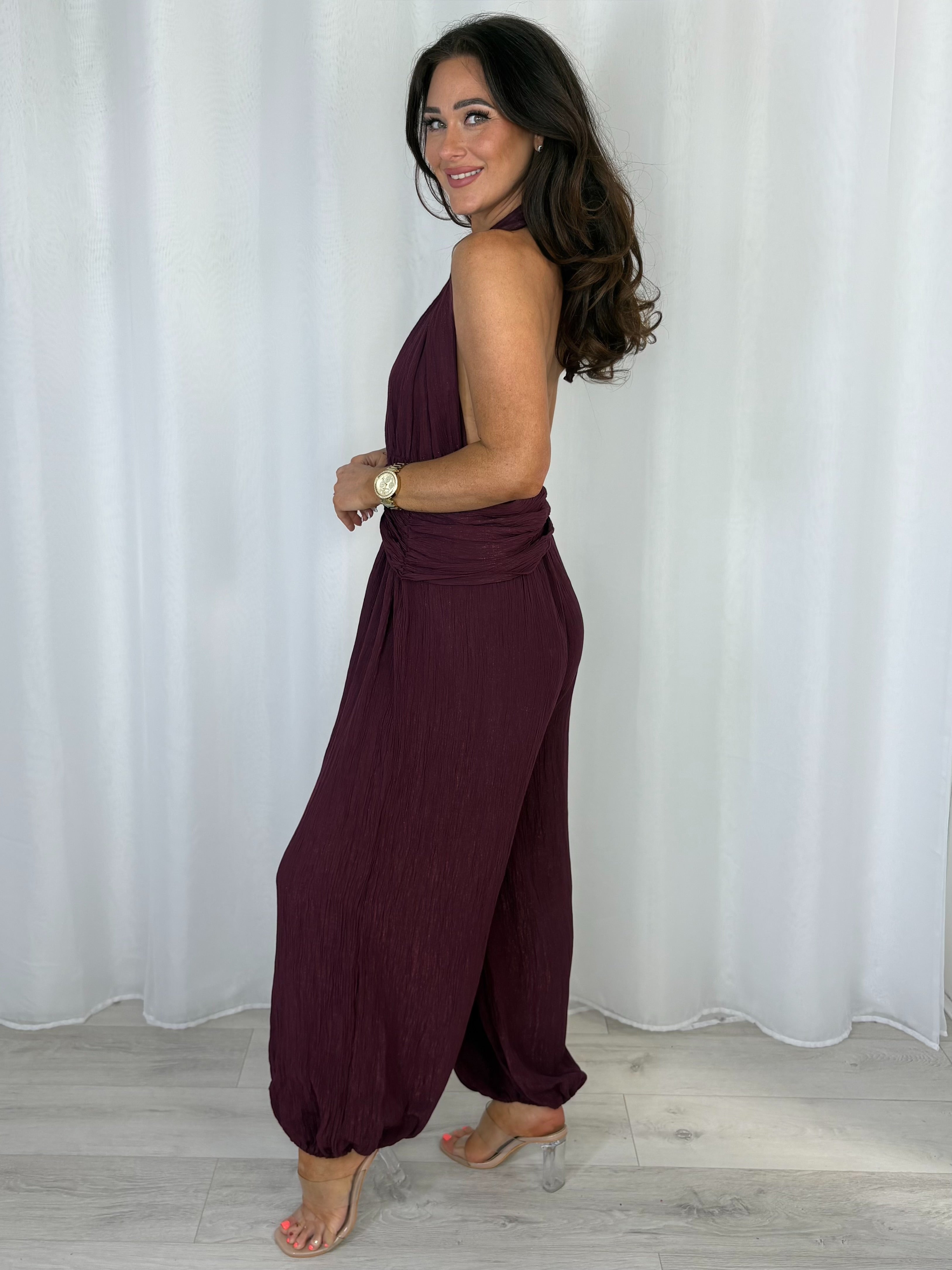 Crinkle Shimmer Halter Neck Drape Detail Backless Jumpsuit (7 Colours)